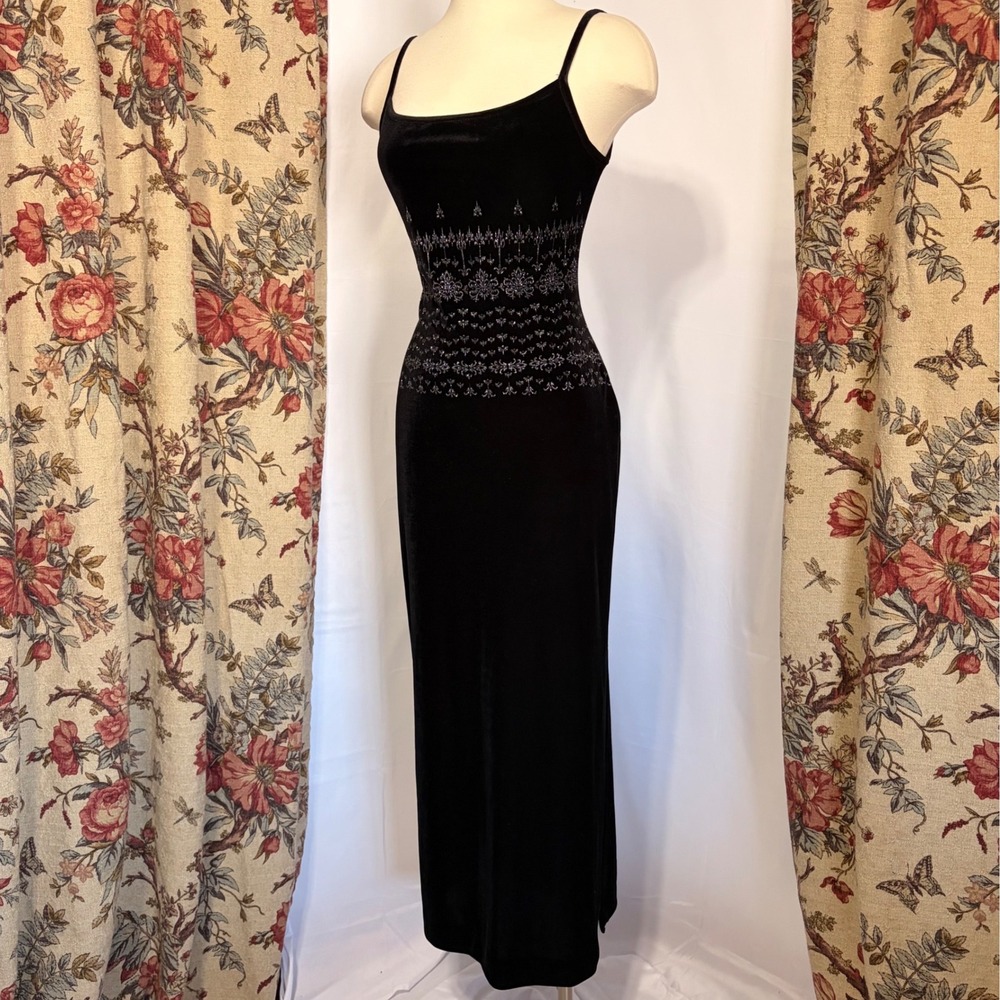 Lori Weidner Black Gothic Velvet Maxi Dress Silver Glitter Damask Detailing